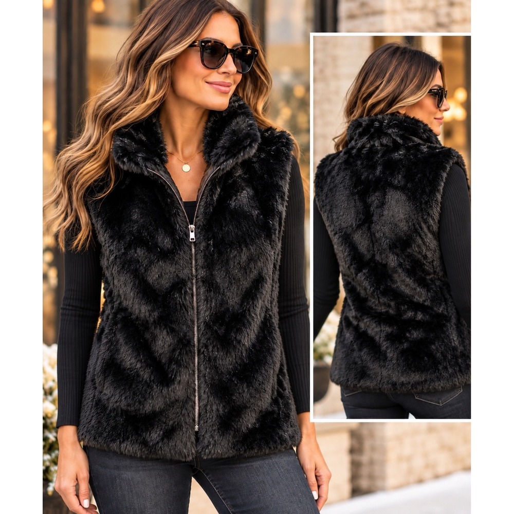 Cejon Accessories Womens Faux Fur Vest Black Full Zip Lined Large Cozy Soft L